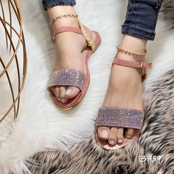 

лето женщин плоских сандалии моды стразы open toe женская обувь 2020 повседневной пряжка ремешок бич женских сандалии zapatos mujer, Black