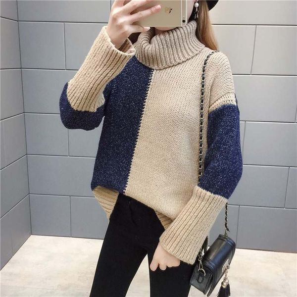 

nicemix womens knitted turtleneck sweater jumper long sleeve soft loose women's long sleeve gray colorblock sweater pullovers, White;black