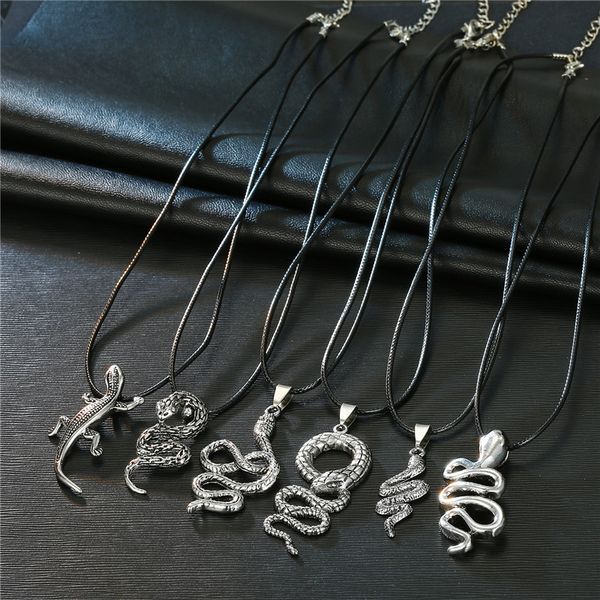 

1pair punk gothic snake leather rope big pendant necklace for women men vintage silver animals crocodile black necklace jewelry