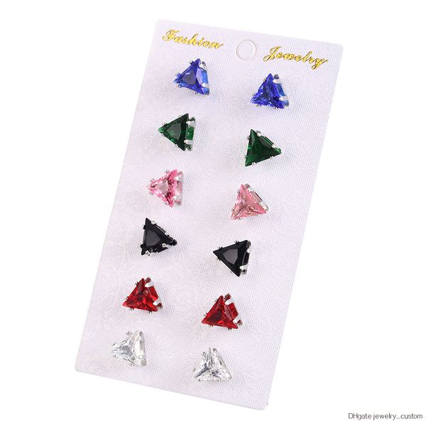 

6 Pairs Earrings Set Triangle Crystal Tiny Stud Earrings Colorful Rhinestone Earrings Set Lovely Gift Wholesale Jewelry E0419