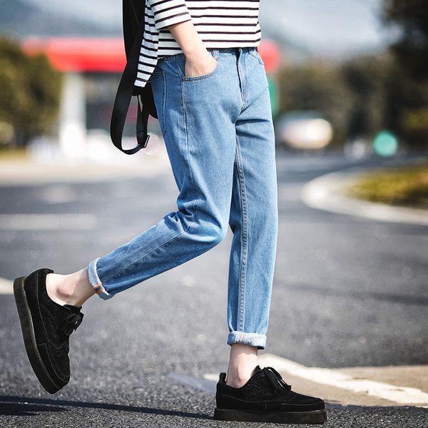 

fashion 2019 summer jeans young men harem pants feet hip hop street city solid slim fit teenagers ankle length pants denim, Blue