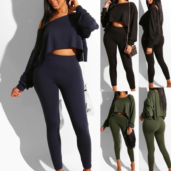 

women long sleeve set casual long pants pure color casual outfit sportswear, Black;blue