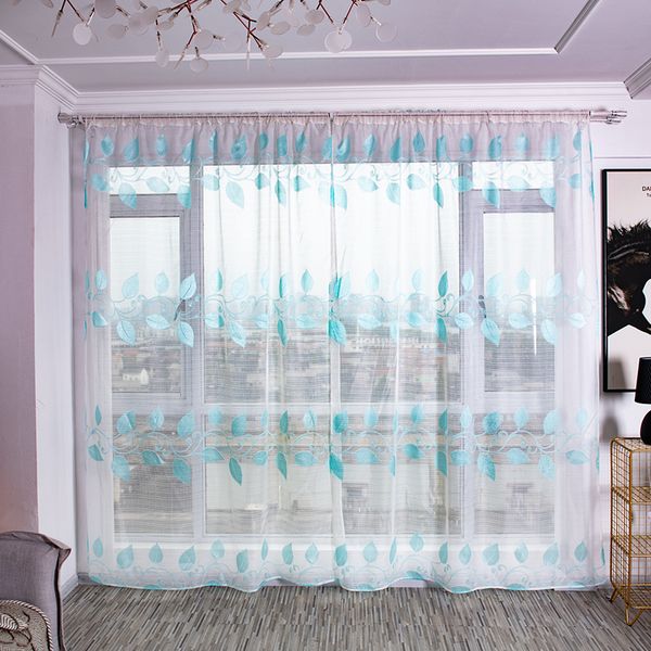 

2019 new modern style 2pcs leaves terry cut flowers transparent polyester fabric with curtain rod home decoration
