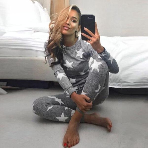 

autumn casual two piece set cotton star print drawstring women pajamas set and pant tracksuit 2 piece women sleepwear breathable, Gray