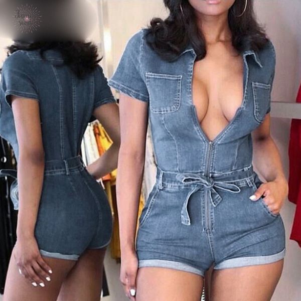 

пояс комбинезон sexy глубокий v шеи с коротким рукавом джинсовой zipper short chic легкий костюм с шортами party club дамы карманные джинсы, Black;white