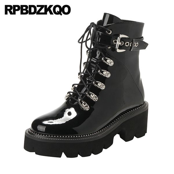 

patent leather biker ankle motorcycle british block 2019 genuine platform women punk rock boots warm metal black chunky lace up