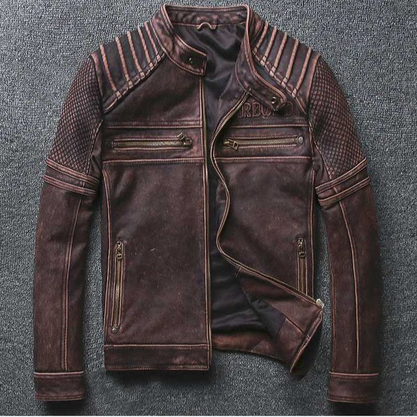 

zvaqs винтажный новый дизайн mens мотоцикла натуральная кожа куртки браун цвет кожи коровы пальто тонкий бесплатная доставка pph848, Black