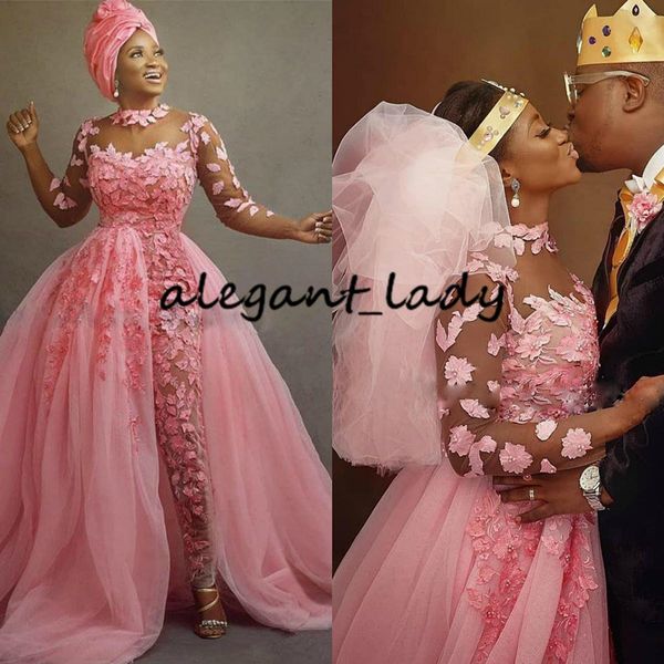 

pink nigerian african wedding jumpsuit with detachable train 2020 plus size sheer jewel neck 3d floral lace tulle bride dress pant suit, White