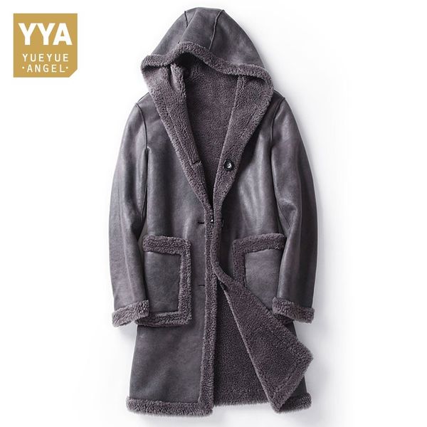 

winter men hoodie shearling jacket wool lining warm mid long real fur coat slim fit business man genuine leather jackets m-5xl, Black