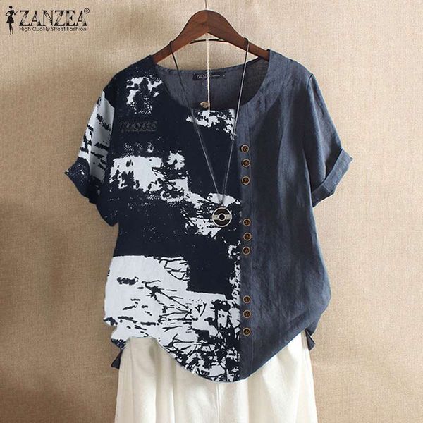 

2019 zanzea vintage printed women's blouse casual summer short sleeve patchwork shirts female o neck blusas plus size top, White