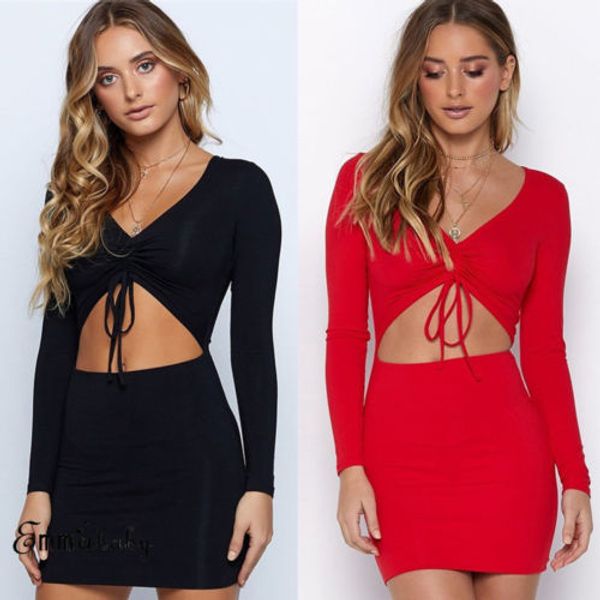 

hirigin женщины полые ремень bodycon сексуальная длинным рукавом вечернее клуб короткое мини платье, Black;gray