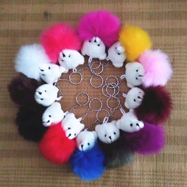 

12pcs/lot 18 colors fake rabbit fox fur 6cm pompom keychain bear head keyring 3d keychain charms pompom key rings, Slivery;golden