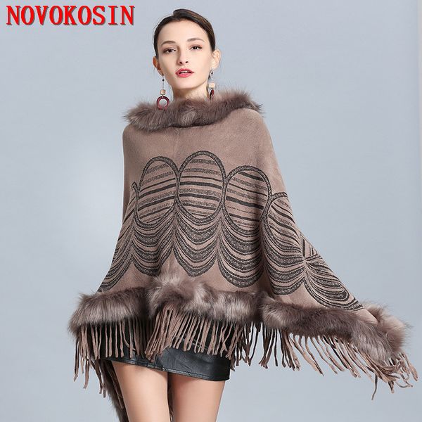 

2019 winter knitted poncho cape fur loose pullover women long triangle faux cashmere plus size round pattern sweater shawl, Blue;gray