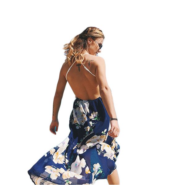 

lace printing condole long belt v-neck beach dress, Blue;gray