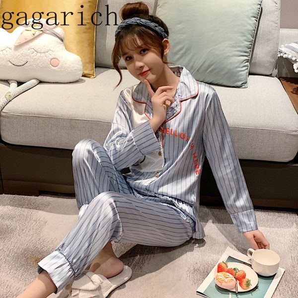 

гагарич женщины две пижамы комплект женский весна лето с длинным рукавом из двух частей набор милые студенты мультфильм шелк домашняя одежда, White