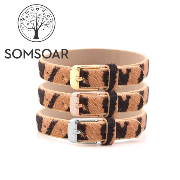 

somsoar jewelry the tiger stripes genuine real leather wrap bracelets fit story slide charms accessories 5pcs/lot, Golden;silver