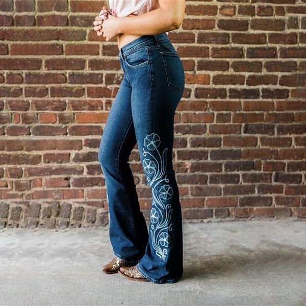 

2019 explosion models denim high wwaist embroidered trousers cross-border for the new ladies slim thin speaker pants lf005, Blue