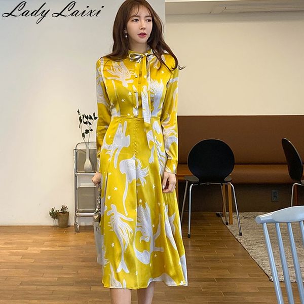 

korean vintage flower print dress women summer elegant party dress female bow neck long sleeve slim office work wear, Black;gray