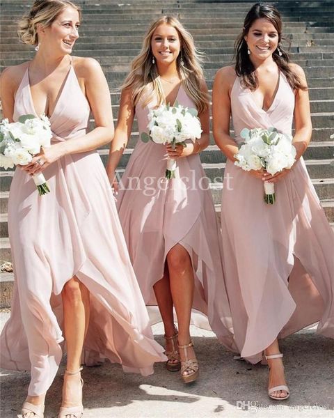 

amazing chiffon hi-lo bridesmaids dresses v neck sleeveless high low a line wedding guest maid of honor gowns customized, White;pink