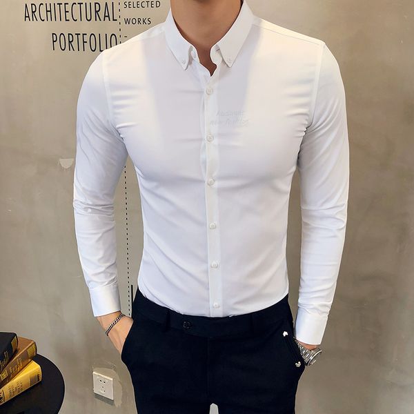 

высокое качество простая рубашка мужчины моды 2019 осень твердые мужские рубашки платья с длинным рукавом все матча slim fit социальная руба, White;black