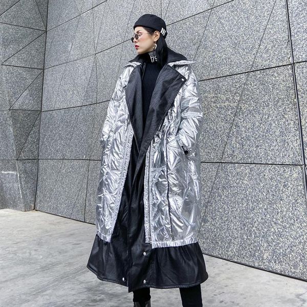 

thicker warm silver bright glossy fabric batsleeved style fluffy cotton coat winter pu leather stitching cotton coat f618, Black