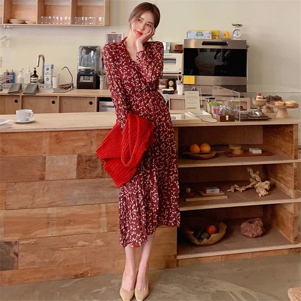 

bgteever vintage floral print v-neck women dress stylish full sleeve a-line chic female chiffon dress 2019 women midi vestidos, Black;gray
