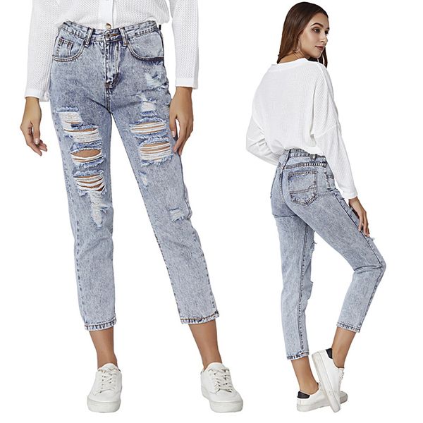 

снег серые джинсы высокая растраченные джинсы брюки женщины лодыжки длина брюки отбеливатель мыть молния проблемные, Blue