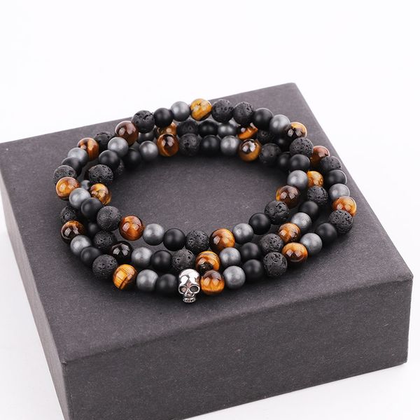 

male bracelet multi layers natural stone lave stone stainless steel skeleton elastic bracelet men jewelry gift, Black