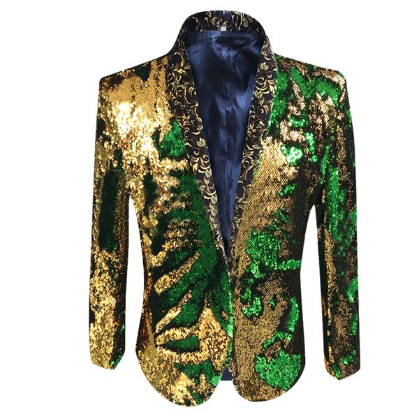 

mens stage costume blazers 1 piece without button fashion regular shiny gold green sequins flat pattern collar dj jackets, White;black
