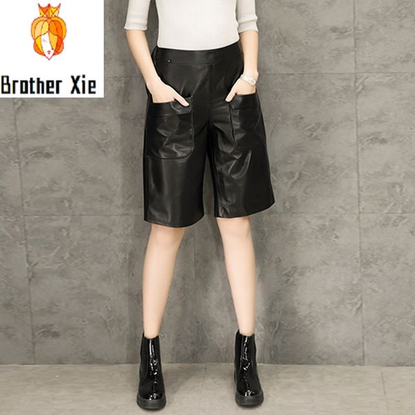 

женщины овчины короткие брюки 2020 весна новый корейский свободный покрой высокая талия длина до колен натуральная кожа короткие брюки дамы, Black;white