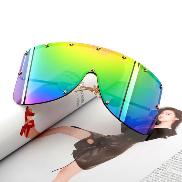 

big frame integrated lens trend mask sunglasses new fashion windproof metal mask frameless sunglasses outdoor driving travel sunglasses, White;black