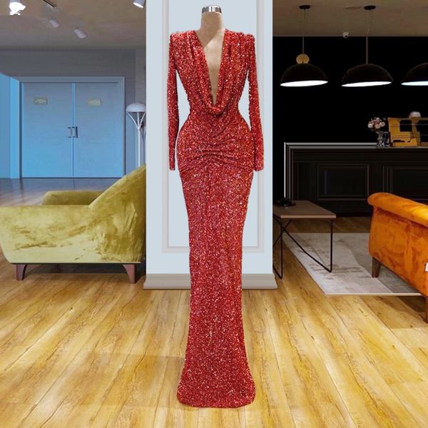 Médio Oriente longos vestidos de noite formal 2020 Vermelho Profundo V-Neck Sequins Mulheres do partido mangas compridas Ruched Couture Kaftan Prom Dress Vestidos