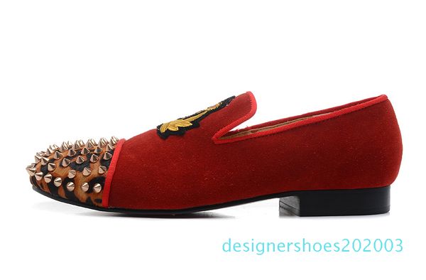 

brand red bottom loafers luxury party wedding shoes designer black suede embroidery with spikes studded flats dress for mens womens d03
