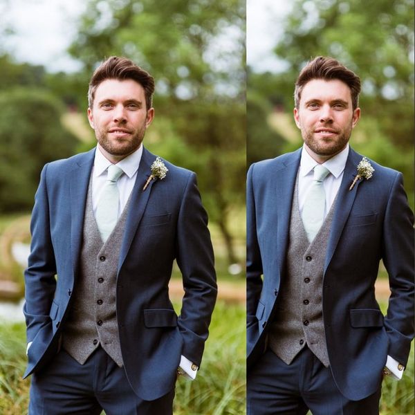 

2019 blue wedding tuxedos notched lapel groomsmen men's suits business party wear suit two pieces (jacket+pants+vest), Black;gray