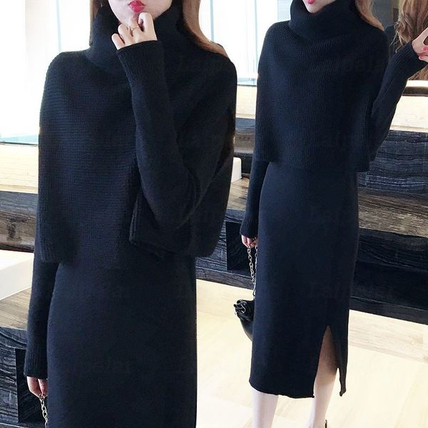 

two piece sets women's turtleneck sweater line dress suit knitting winter female ladies casual long dresses knitted suit, Gray