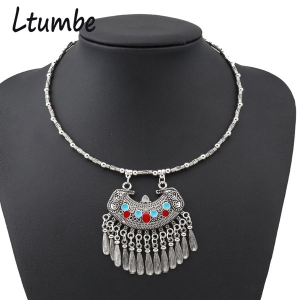 

ltumbe vintage punk carved love heart torques for women charm jewelry bohemian water drop tassel necklaces pendants mujer bijoux, Silver