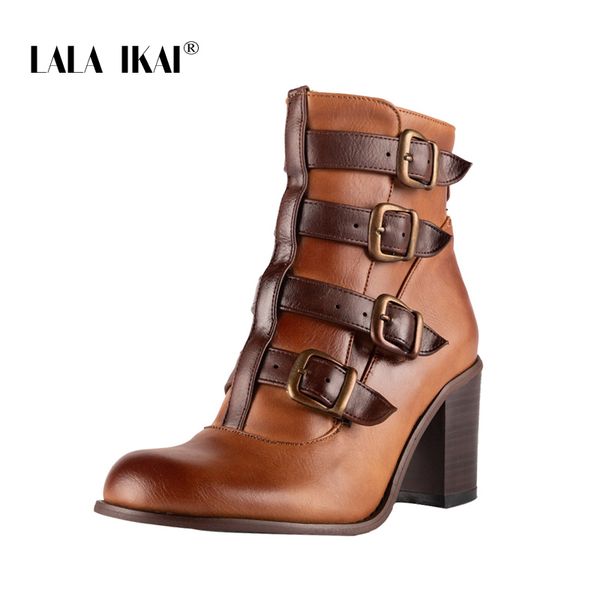 

lala ikai women med heels boots borwn pu leather zipper ankle boots winter autumn buckle strap female motorcycle xwc4901-4, Black