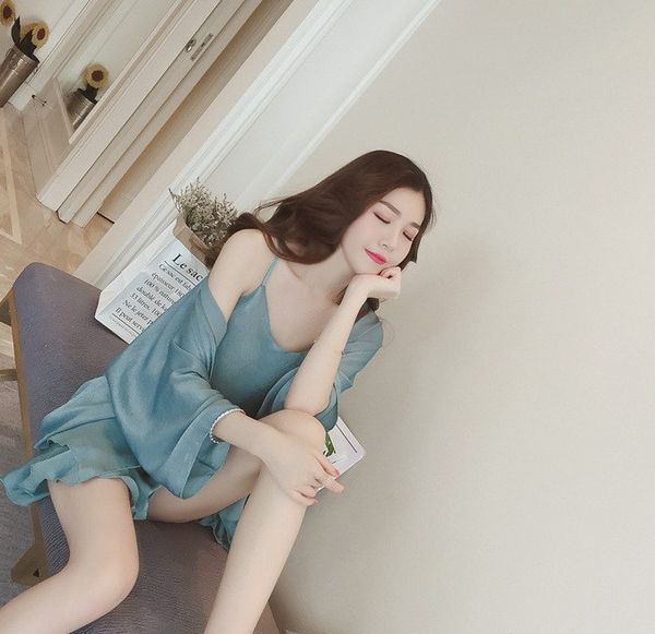 

new arrival ladies solid color thin sleepwear female casual loose three piece sets, Blue;gray