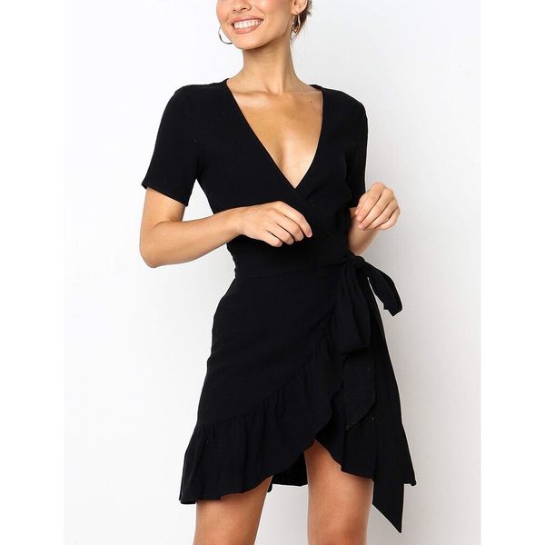 

2019 women casual dress vintage ruffle dress dresses short sleeve v neck tie waist mini summer dress, Black;gray