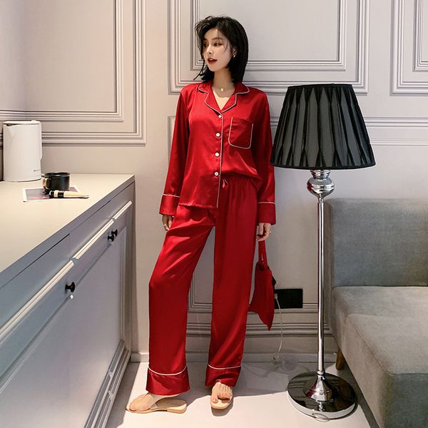 

women's silk satin pajamas summer pyjamas set long sleeve sleepwear pijama female trousers two-piece suit loungewear clothes, Black;red