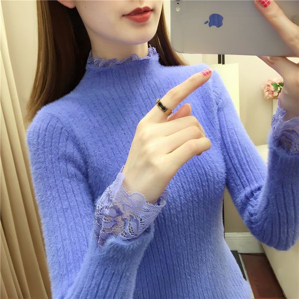 

room 154011 under the small room] actual p of new lace splicing mink like pullover knitwear 35, White;black