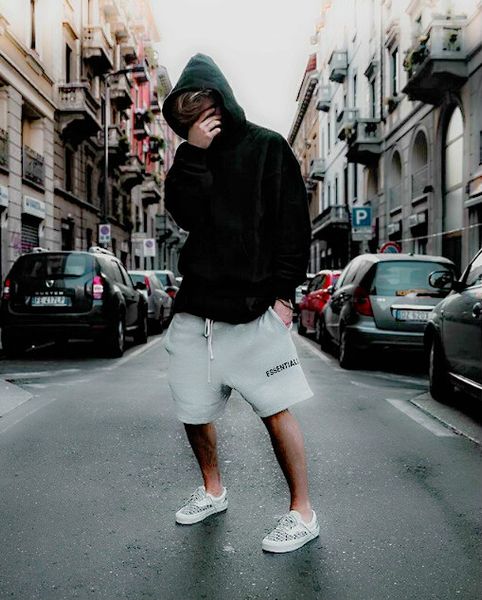 

мода-мужская высокая улица эластичный пояс шорты брюки fg хип-хоп основы печати страх божий брюки любителей cutton сплошной цвет повседневны, Black