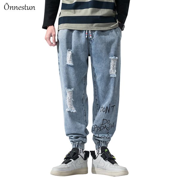 

men's jeans onnestun casual 2021 fashion men sweatpant hip hop frayed trousers man streetwear harajuku denim pants, Blue