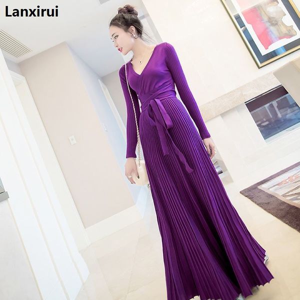 

womens dresses new arrival black / burgundy / purple knitted dress deep v neck tie belt long sleeve pleated maxi dress, Black;gray