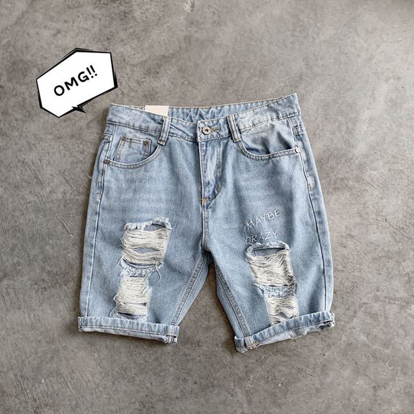 

summer new short jeans men washed fashion straight casual denim shorts man streetwear trend wild hip hop loose shorts male, Blue
