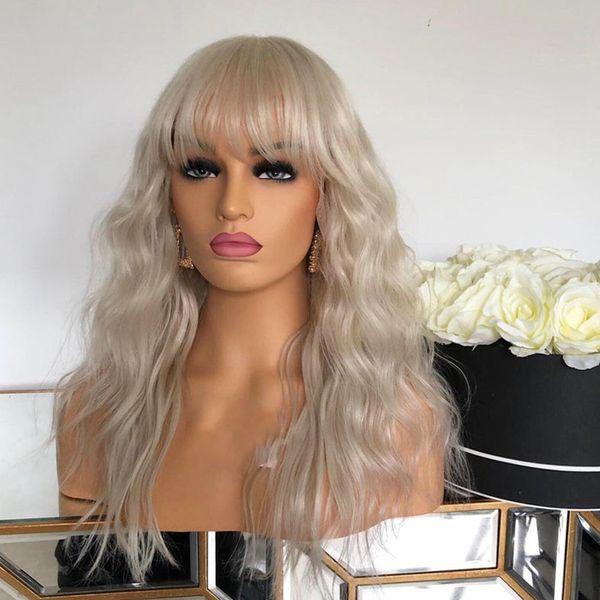 

transparent lace platinum blonde body wave human hair lace front wigs with bangs natural wave 360 frontal wigs blonde wavy, Black;brown