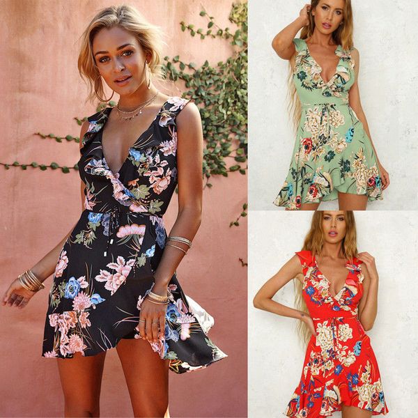 

women boho floral mini dress summer evening party beach sleeveless sundress fashion women clothes n-neck print dresses, Black;gray