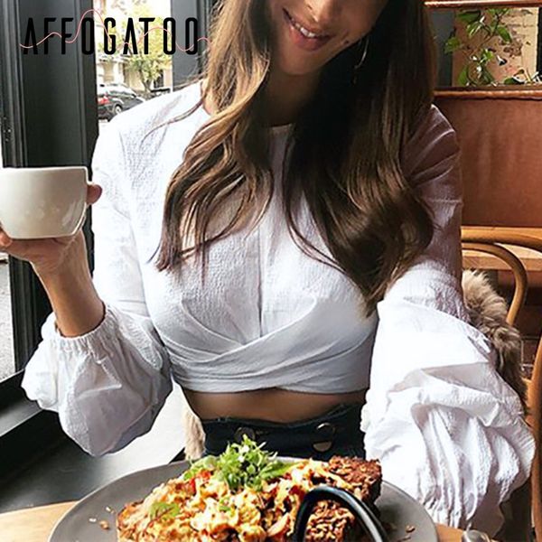 

affogatoo blouse women long sleeve crop female back zipper summer blouse shirt casual o neck ladies chiffon, White