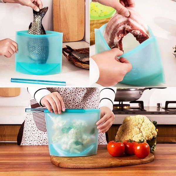 

reusable silicone vacuum seal food fresh bag fruit meat milk storage containers refrigerator bag ziplock kitchen organizer 4 colors