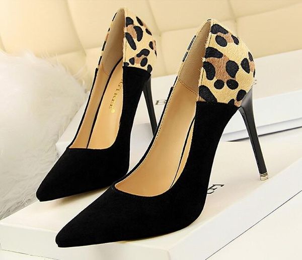 

2019 spring new women fashion pointed toe shallow suede patchwork leopard super high heels shoes woman dress shoes pumps, Black